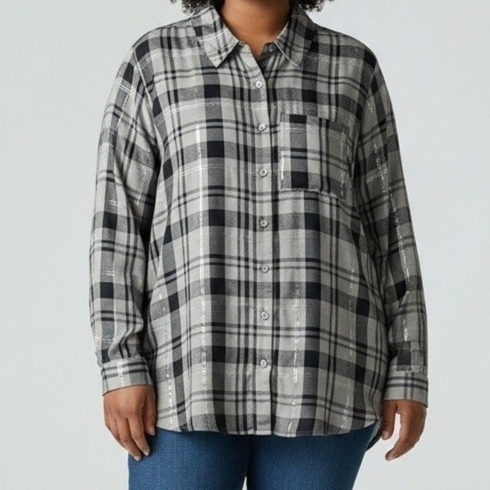 Lane‎ Bryant No-Peek Plaid Metallic Button Down Shirt Grey Black 18/20 NWT